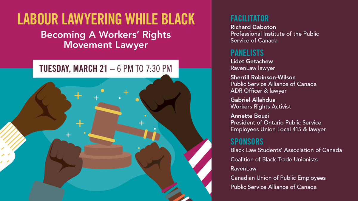 RavenLaw's tweet photo. On March 21, 2023 6 EDT, a panel of Black lawyers and activists (including RavenLaw's Lidet Getachew!) working in the labour movement will discuss career opporunities for becoming a workers' rights movement lawyer. Register: https://t.co/TNddSMoTYO https://t.co/rLnpW2tZSW