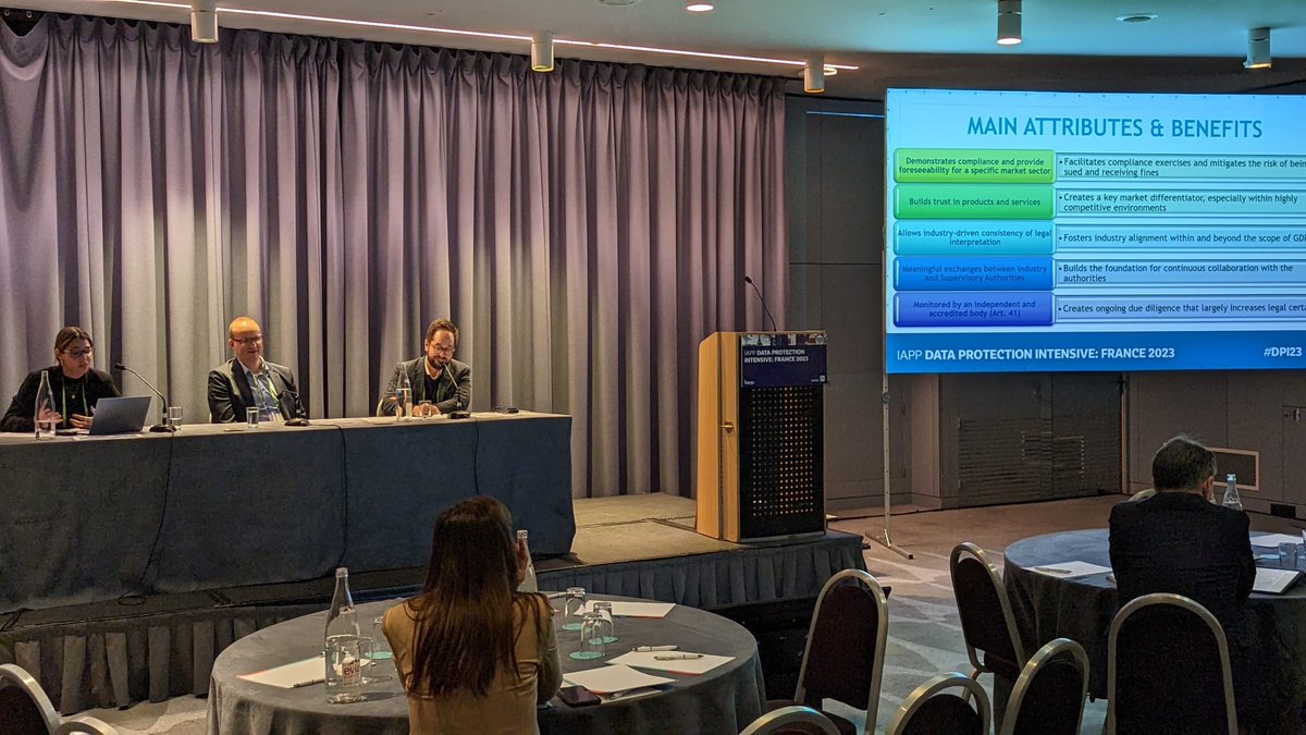 It is time for the last sessions of the day for #DPI23 France. Attend “Codes of Conduct – GDPR’s Prodigal Son Finally Arriving?” to hear <a href="/ArmingaudAvocat/">Claude Armingaud CIPP/E</a> (<a href="/KLGates/">K&L Gates LLP</a>) and <a href="/ScopeEurope/">SCOPE Europe</a>’s Gabriela Mercuri and Jörn Wittmann.