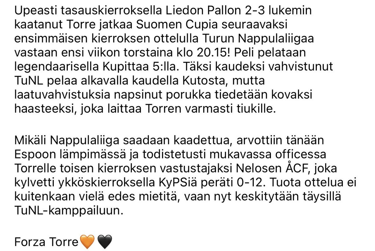 TorreCalcio's tweet photo. Suomen Cup jatkuu🧡🖤 Pistä tili seurantaan ja hyppää Cup-junan kyytiin! #SuomenCup #Torrecalcio https://t.co/o7vbxOJcm4