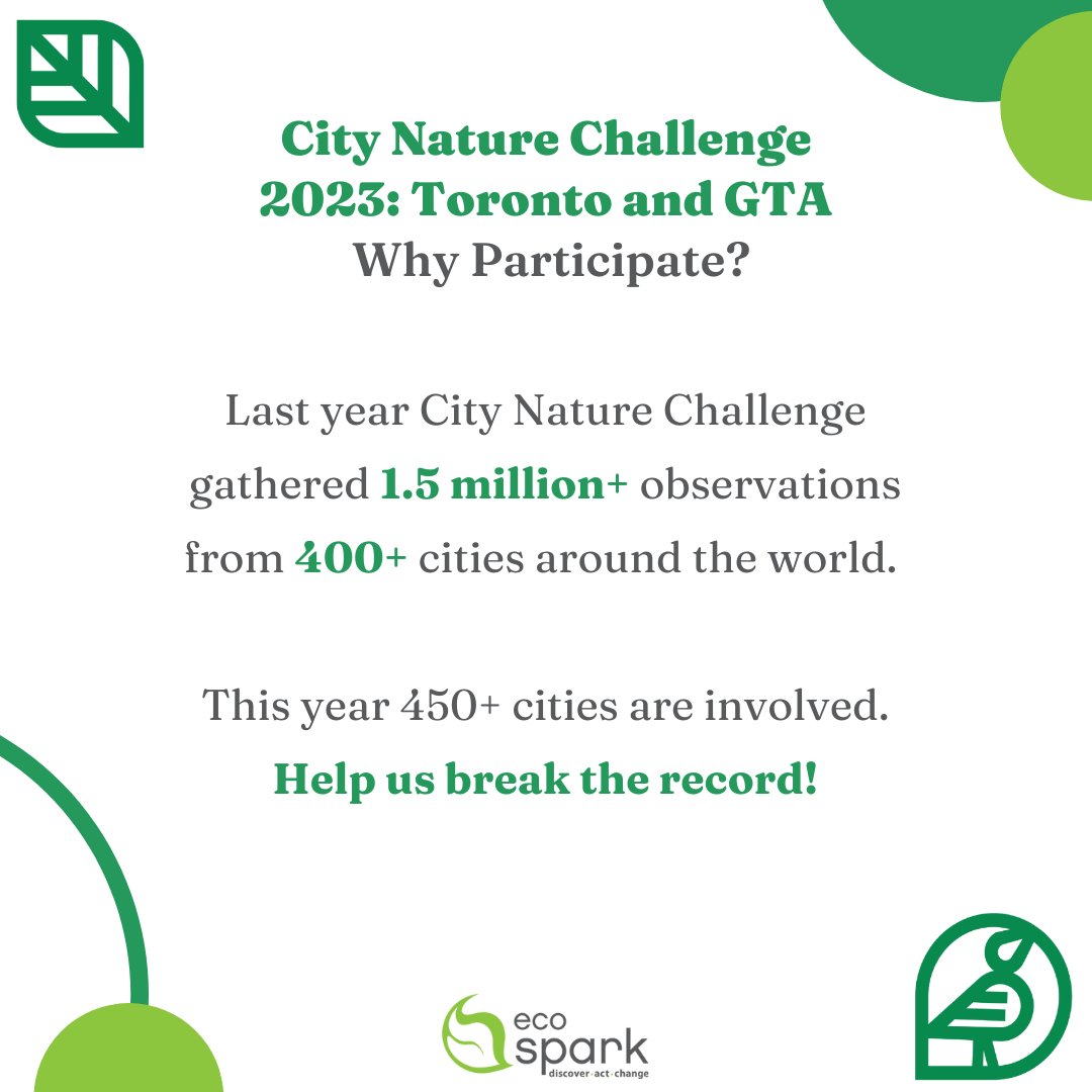 🌱 #CityNatureChallenge 2023 from April 28 - May 1 is a great way to connect with nature and collaborate with experts. 

🐜We get to learn about the nature around us, and help scientists study and protect species while building #community

💻Read more: ecospark.ca/citynaturechal…