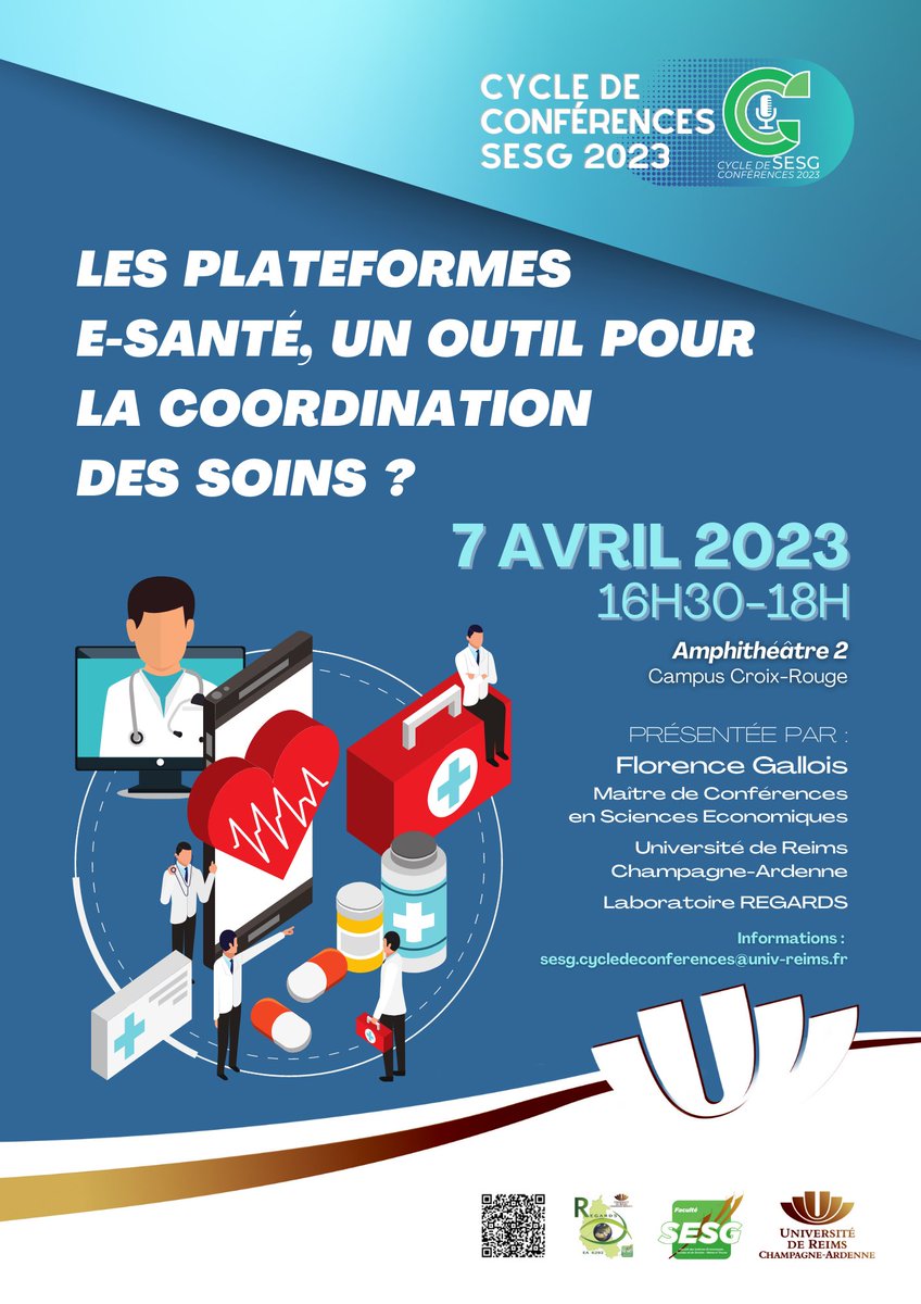 FacSESG's tweet photo. 🎙️Cycle de Conférences SESG 2023

📅 Le 7 avril à 16h30, amphi 2 (Campus Croix-Rouge)

« LES PLATEFORMES E-SANTÉ, UN OUTIL POUR LA COORDINATION DES SOINS ? » 

Présentée par Florence GALLOIS, Maître de Conférences en Sciences économiques.

Programme : https://t.co/nr8aWERF6g https://t.co/NRP5s3oX69