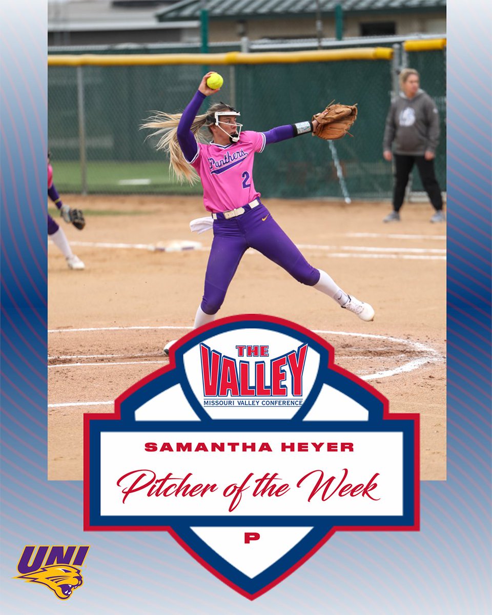 MVCsports's tweet photo. Pitcher of the Week ⫸ Samantha Heyer, @UNISoftball

▪️ In 16.2 innings pitched, Heyer threw 22 strikeouts, allowing 3 walks for one of the best strikeout-to-walk ratios in the country at 7.33
▪️ Heyer allowed only a .158 OBA

Great Southern Bank | #TheValleyRunsDeep https://t.co/0PCmq8ZrQk