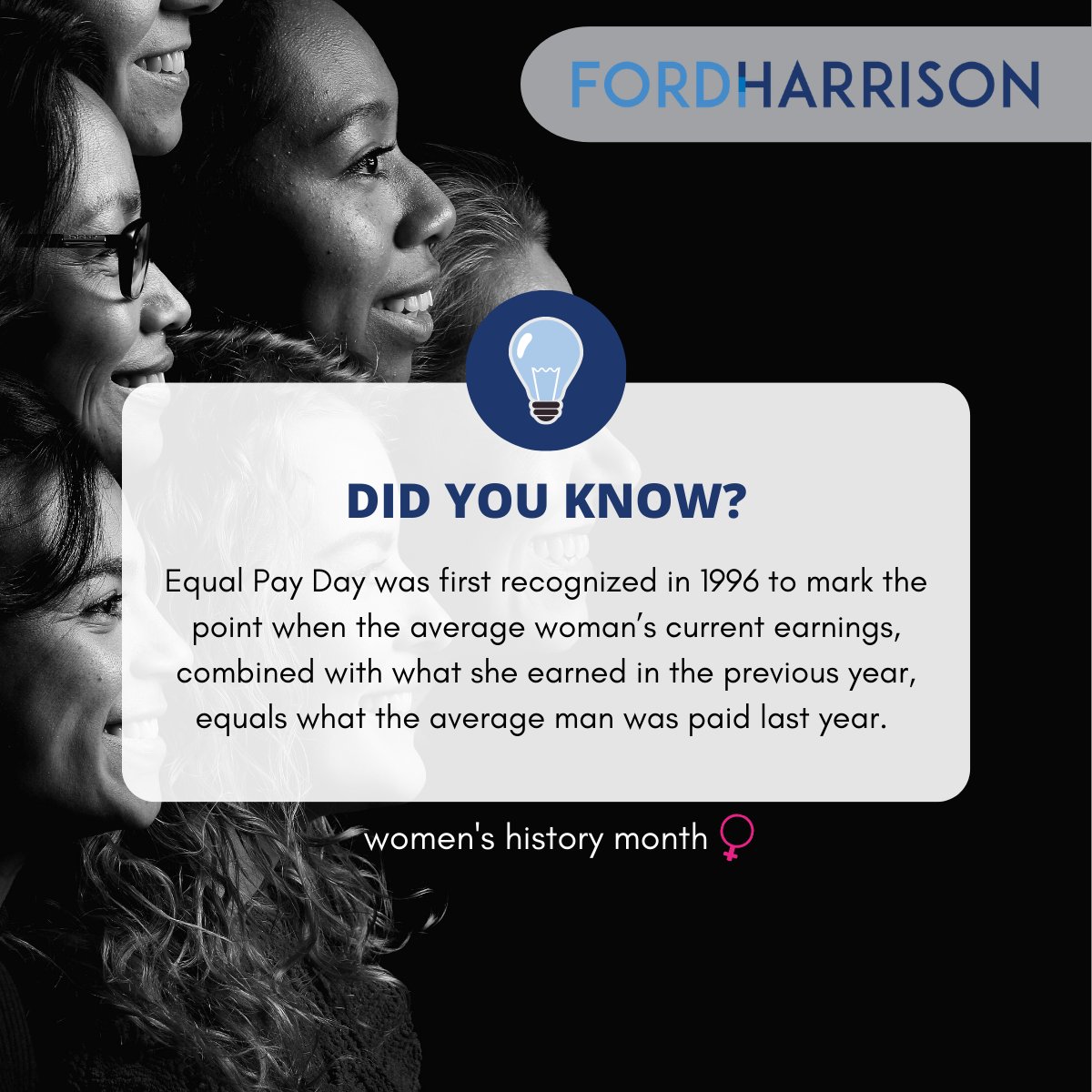 fordharrisonlaw's tweet image. In honor of Women’s History Month, we are highlighting some significant milestones in women’s legal rights. Did you know why Equal Pay Day was first recognized and how the day it falls on every year is determined? This year Equal Pay Day falls on today!