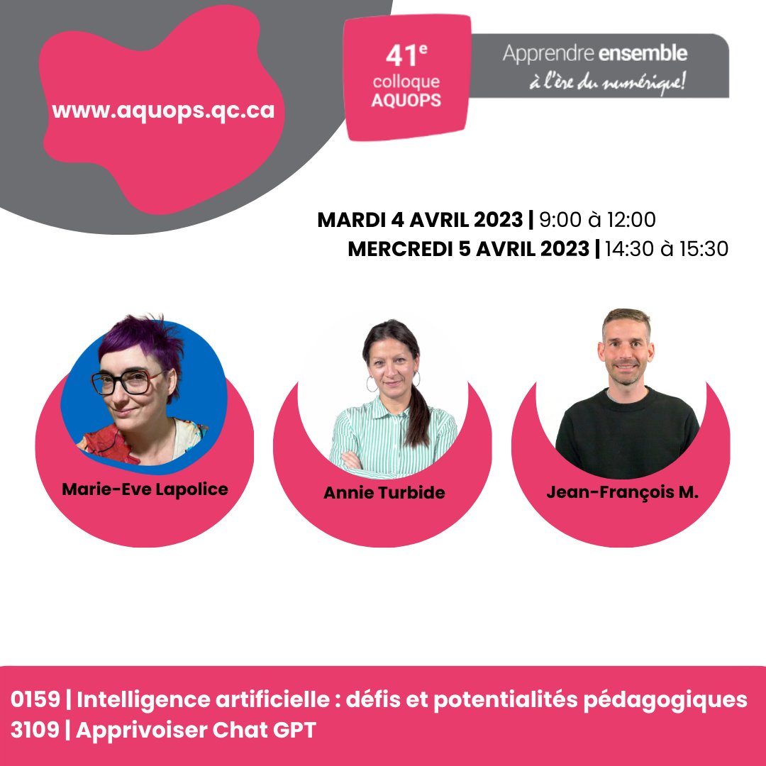 Le sujet de l’heure en éducation? #ChatGPT ! Deux ateliers offerts : 1️⃣ «Intelligence artificielle #IA : défis et potentialités pédagogiques» et 2️⃣ «Apprivoiser Chat GPT». Réflexions et discussions avec ➡️ @‌JeanFranoisMer5 <a href="/aturbide/">Annie T.</a> @‌melrecherche #AQUOPS #recitqc