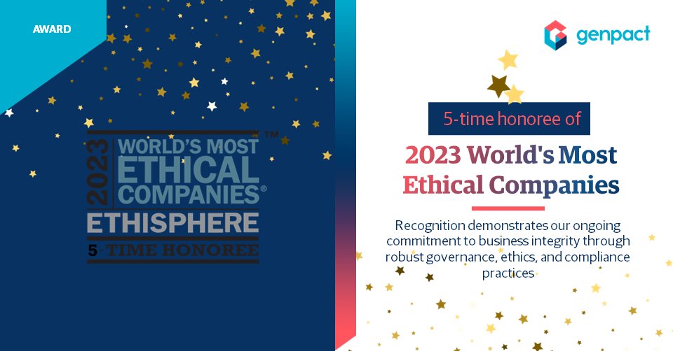 We’re honored to be recognized as one of the World’s Most Ethical Companies for the 5th time. At Genpact, we’re committed to building a culture of #integrity and #transparency for our employees, clients, and communities. bit.ly/3TbWRNV