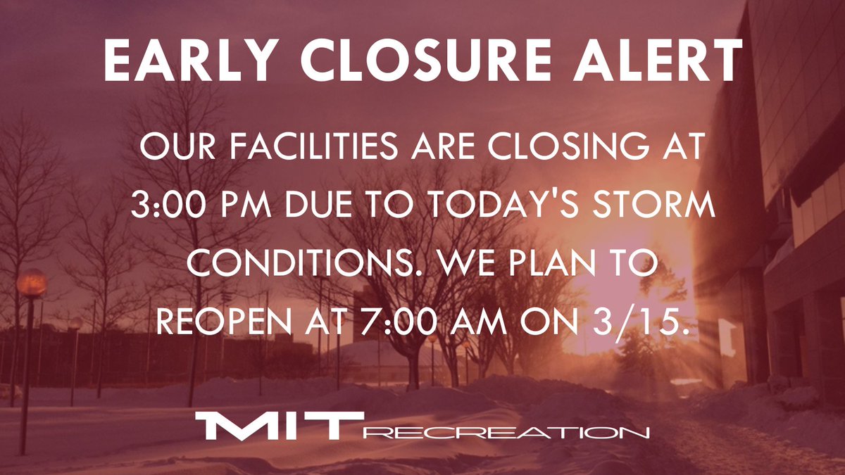 ALERT: Per <a href="/MITAlert/">MIT Alert</a>'s announcement, DAPER facilities will close today (Tues, 3/14) beginning at 3pm and will plan to reopen tomorrow (Wed, 3/15) at 7am.
Visit our homepage for the most up-to-date information regarding this closure.
Stay safe and warm -- See you all soon!