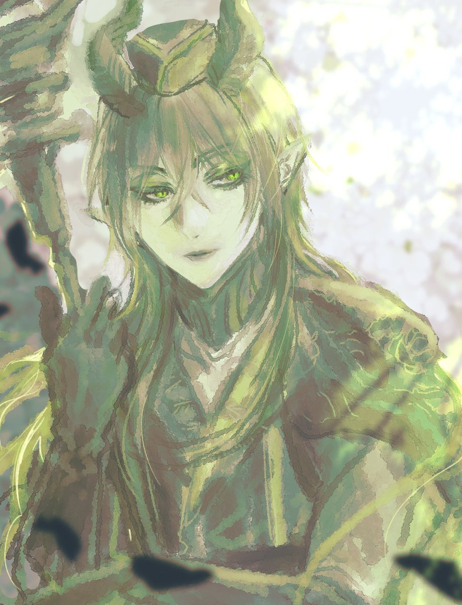 solo pointy ears green eyes long hair staff horns holding staff  illustration images