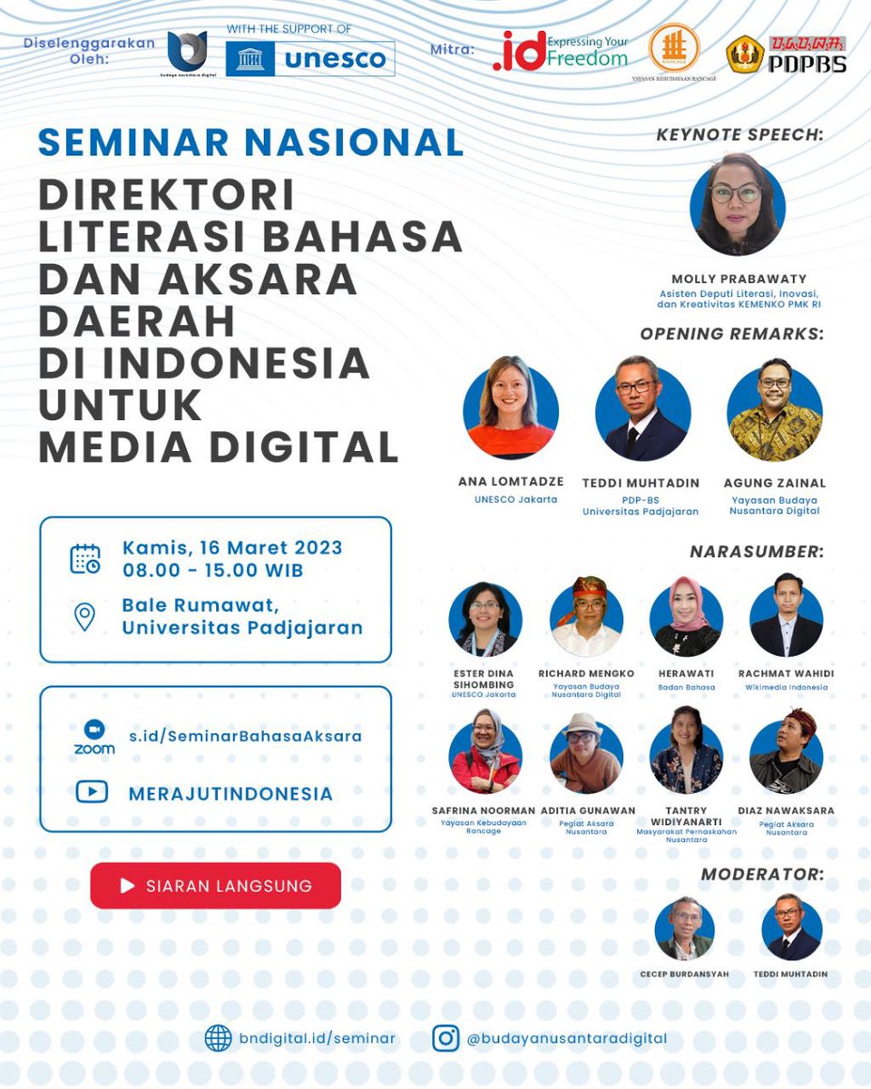 Selamat Malam Kawan MIMDAN!
Yuk ikuti Seminar Nasiona bertajuk Direktori Literasi Bahasa dan Aksara Daerah di Indonesia untuk Media Digital catat tanggal nya ya

Kamis, 16 Maret 2023
Bale Rumawat, Universitas Padjadjaran (luring)
s.id/SeminarBahasaA…

<a href="/unescojakarta/">UNESCO Jakarta</a>