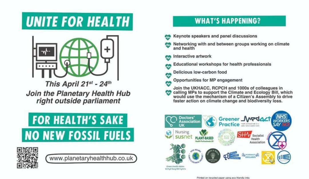 PharmDeclares's tweet photo. 📢April 21th 2023 #UniteForHealth!
Pharmacy Declares will be in London with a collaborative of health professionals to raise awareness of the #ClimateHealthEmergency.
Join Us! Find your way to the #PlanetaryHealthHub for a programme of expert speakers, workshops & support. https://t.co/qBmH7PgvSn