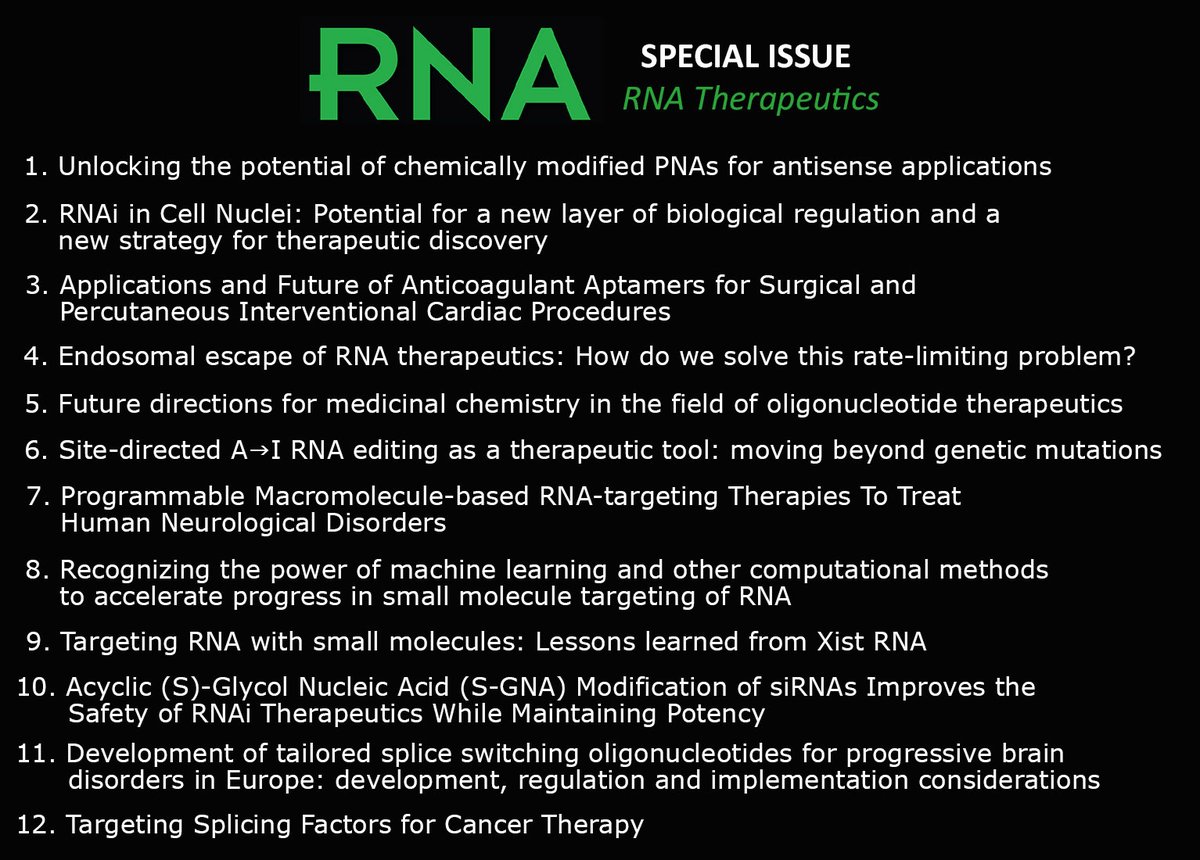CSHL Press is pleased to present a Special Edition of the RNA Journal devoted to RNA Therapeutics.  Look for twelve articles featuring perspectives to balance the promise and challenges that make the future landscape of RNA treatments  #RNA #RNASpecialIssue #RNATherapeutics