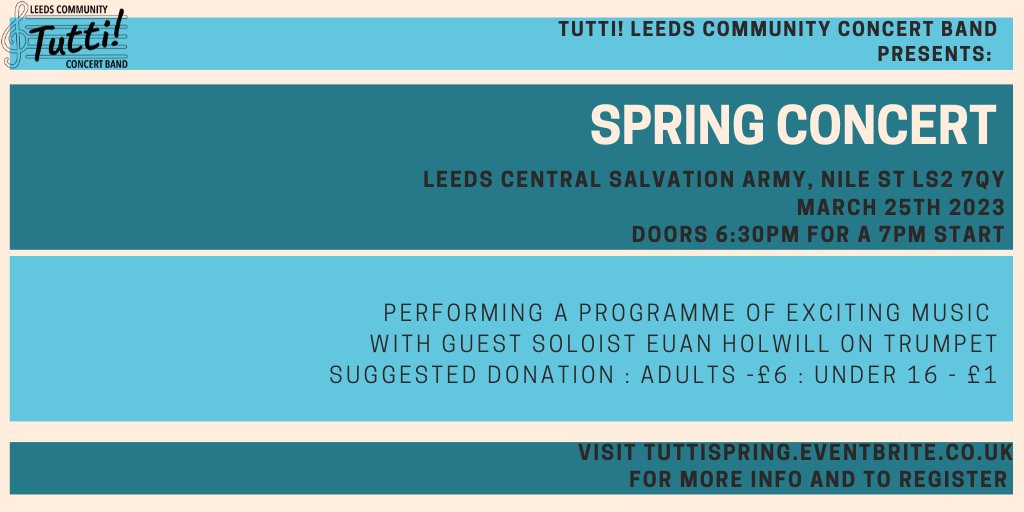 Tutti! Leeds Community Concert Band performs a programme of exciting music as part of their Spring Concert, with guest soloist Euan Holwill on trumpet.

📍Taking place on March 25th at Leeds Salvation Army, LS2 7QV.

🎟Find tickets here -> bit.ly/3FKOnYH
