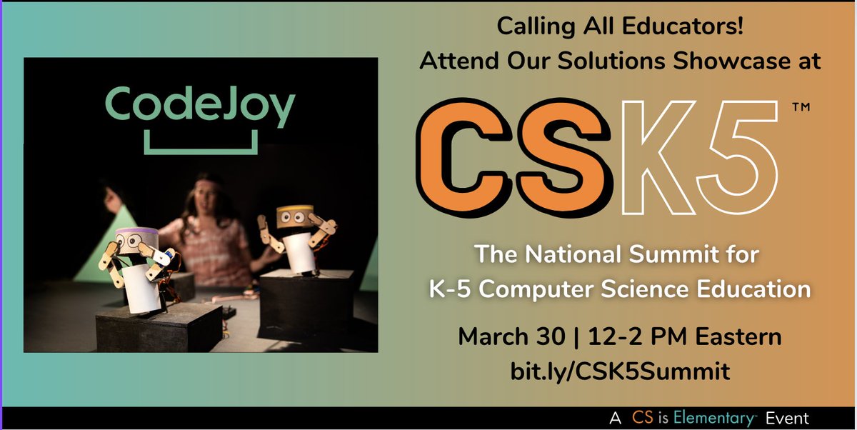 CodeJoyEdu's tweet image. We are excited to be presenting at the #CSK5 Summit this year! Join us 3/30 to learn about the K-5 CS landscape in the USA, and join our breakout session to learn more about CodeJoy's solutions for classrooms!
bit.ly/CSK5Summit
@CSisElementary @CSforALL @InfyFoundation