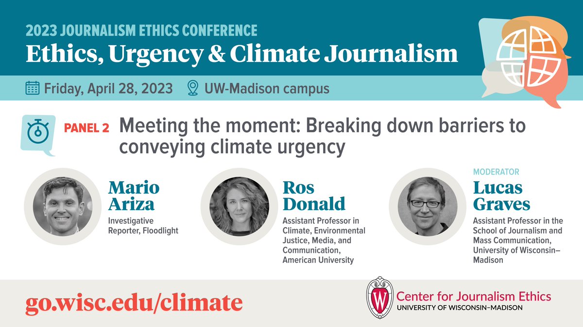 What are the barriers to meeting the challenge of fully and ethically covering climate change? Join us to hear @RosDonald &amp; <a href="/marioarizabaez/">Mario Ariza</a> (author of "Disposable City") address that and more. Moderation by <a href="/gravesmatter/">Lucas Graves</a>. More info and registration: 

ethics.journalism.wisc.edu/2023-ethics-ur…