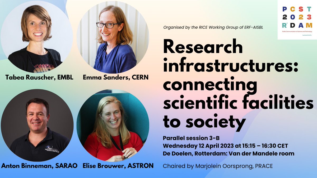 Join us at #PCST2023 for the session 'Research Infrastructures: connecting scientific facilities to society', organised by @oorsprongM and me. Featuring talks from <a href="/AntonieBinneman/">Anton Binneman</a> (<a href="/SKA_Africa/">NRF/SARAO</a>), Emma Sanders (<a href="/CERN/">CERN</a>), Tabea Rauscher (<a href="/EMBL/">EMBL</a>) and Elise Brouwer (<a href="/ASTRON_NL/">ASTRON</a>).