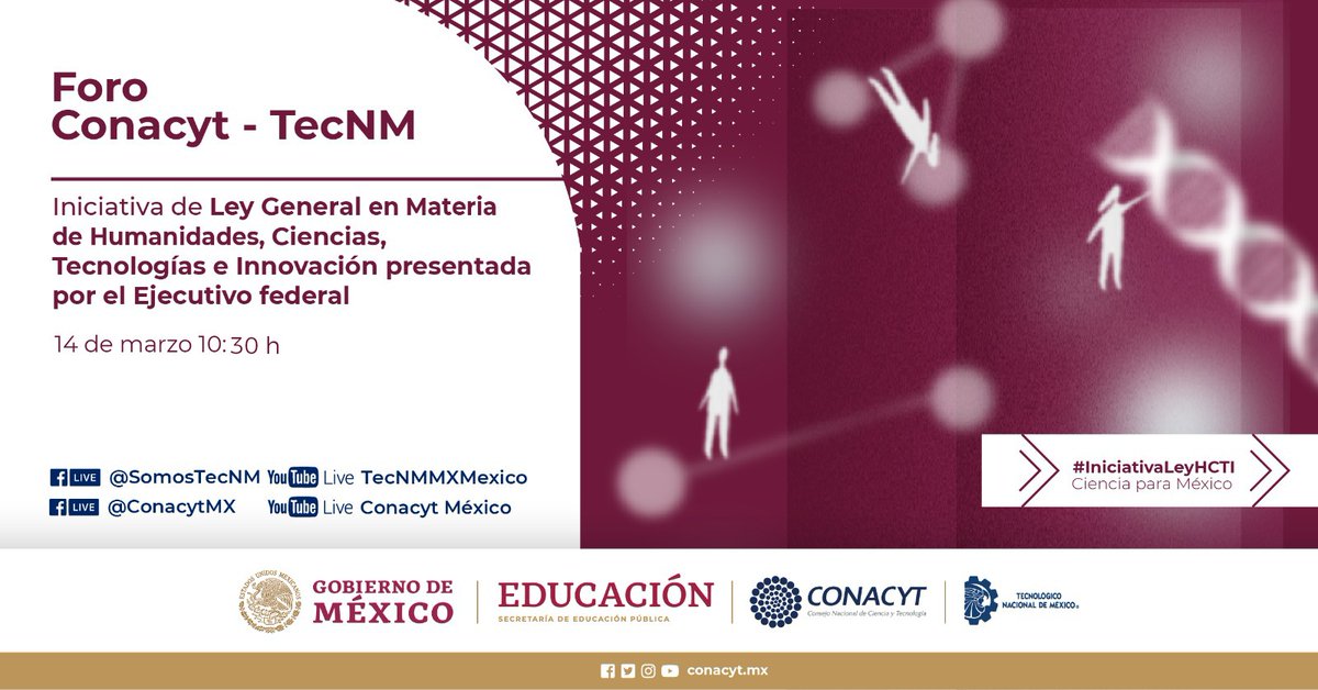 Secihti_Mx's tweet photo. #ForoConacytIES | Sigue la transmisión sobre la #IniciativaLeyHCTI organizado por Conacyt con la participación de autoridades, académicos y directivos del @TecNM_MX. 

🗓️ Martes 14 de marzo 2023 
🕤 10:30 h 
➡️ https://t.co/kuw7V0rLof https://t.co/TTxNNO89AG