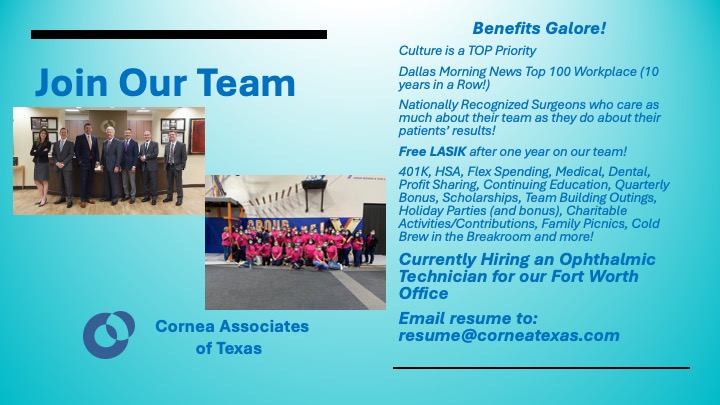 CorneaTexas's tweet photo. Join our Team at Cornea Associates of Texas! Currently hiring an Ophthalmic Technician for our Fort Worth office. Email resume to: resume@corneatexas.com https://t.co/SRTr2nO3n9
