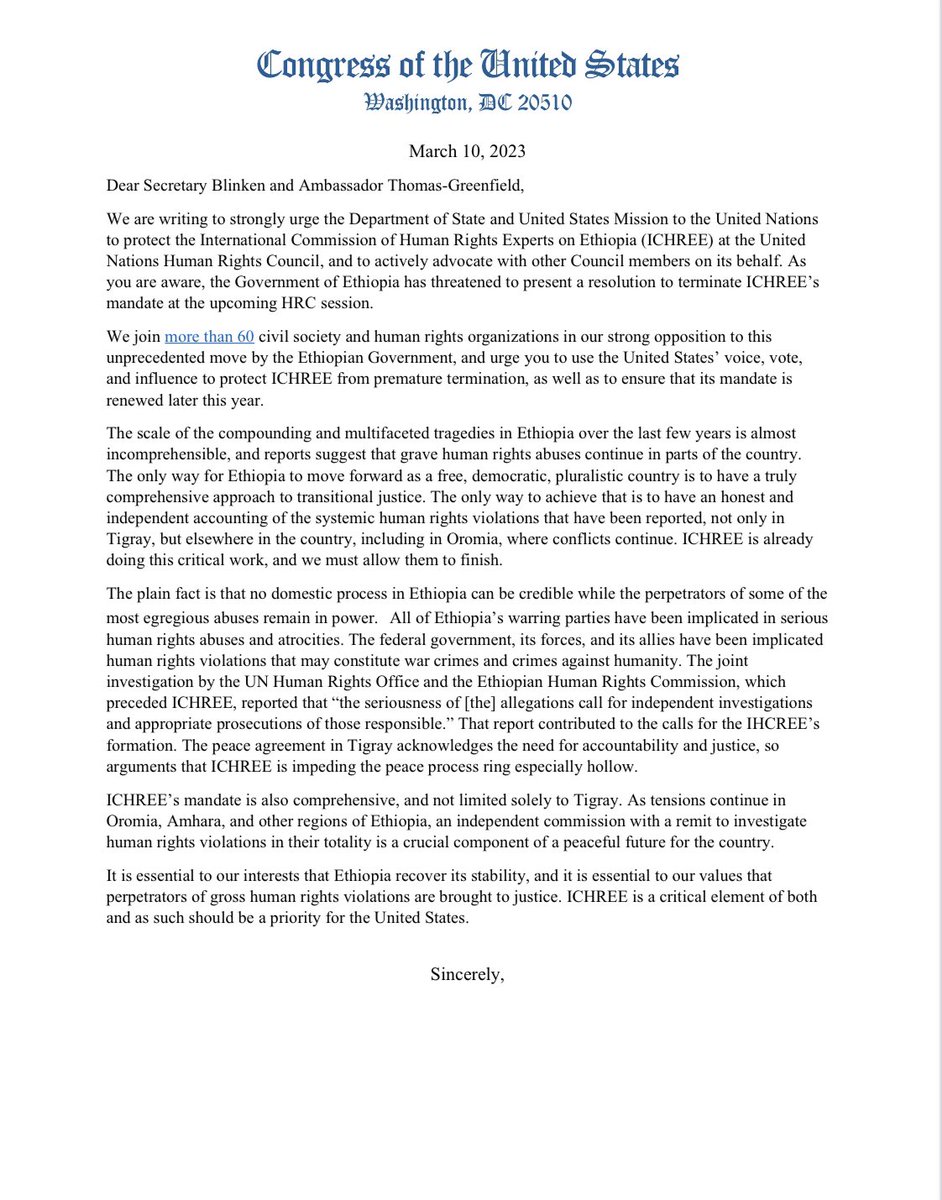 Ilhan's tweet photo. Today, Rep. Omar sent a letter with @RepSaraJacobs and @BradSherman calling to protect independent human rights investigations in Ethiopia. 

Our letter: https://t.co/PsJN2a86Yh