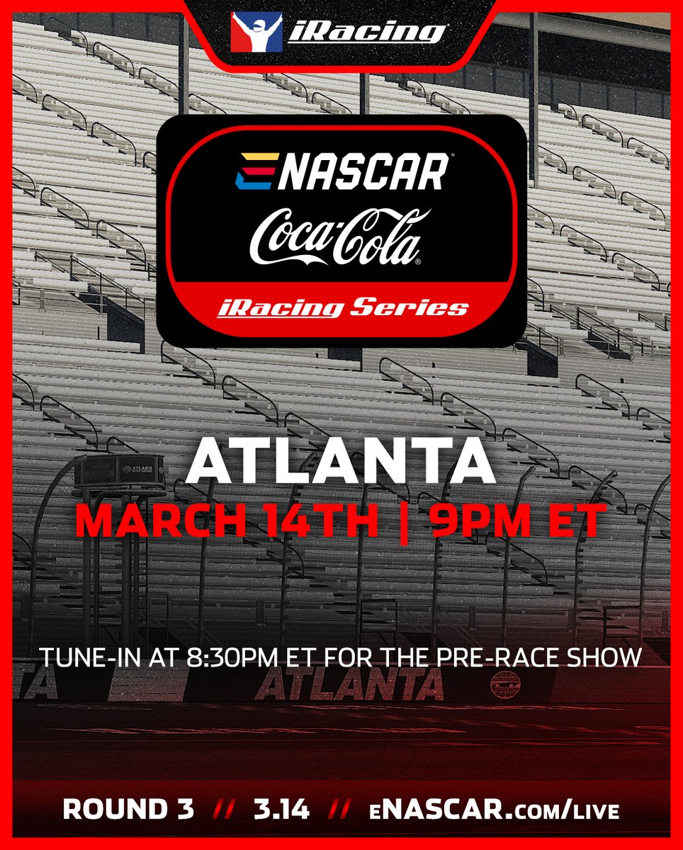 NASCAR's tweet photo. It's eNASCAR Raceday! 🕹️ 

The stars of the eNASCAR Coca-Cola @iRacing Series take on the virtual @ATLMotorSpdwy tonight at 9 PM ET! https://t.co/OjQQfriQUR
