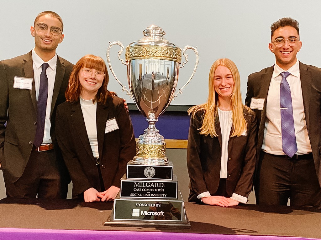 HaskayneSchool's tweet photo. Huge congratulations our BComm students Kabir Parmar, Bailee Wilson, Cameron Bokitch and Raj Chitroda for finishing first place at the Milgard Invitational Case Competition on Social Responsibility (MICCSR) last month. #LifeAtHaskayne #MyHaskayne #HaskayneCompetes https://t.co/TjQPjvGiZr