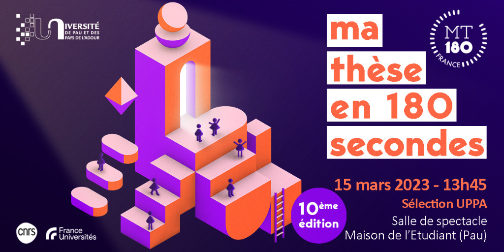 #MT180 Demain, mercredi 15/03, venez encourager nos 8 #doctorants lors de la sélection #UPPA du concours 'Ma thèse en 180s' et participez au vote du public ! RDV à 13h45 - Salle de spectacle Maison de l'Etudiant à #VilledePau 📌 ow.ly/YBAv50NhHCv ow.ly/z9hT50NebaN