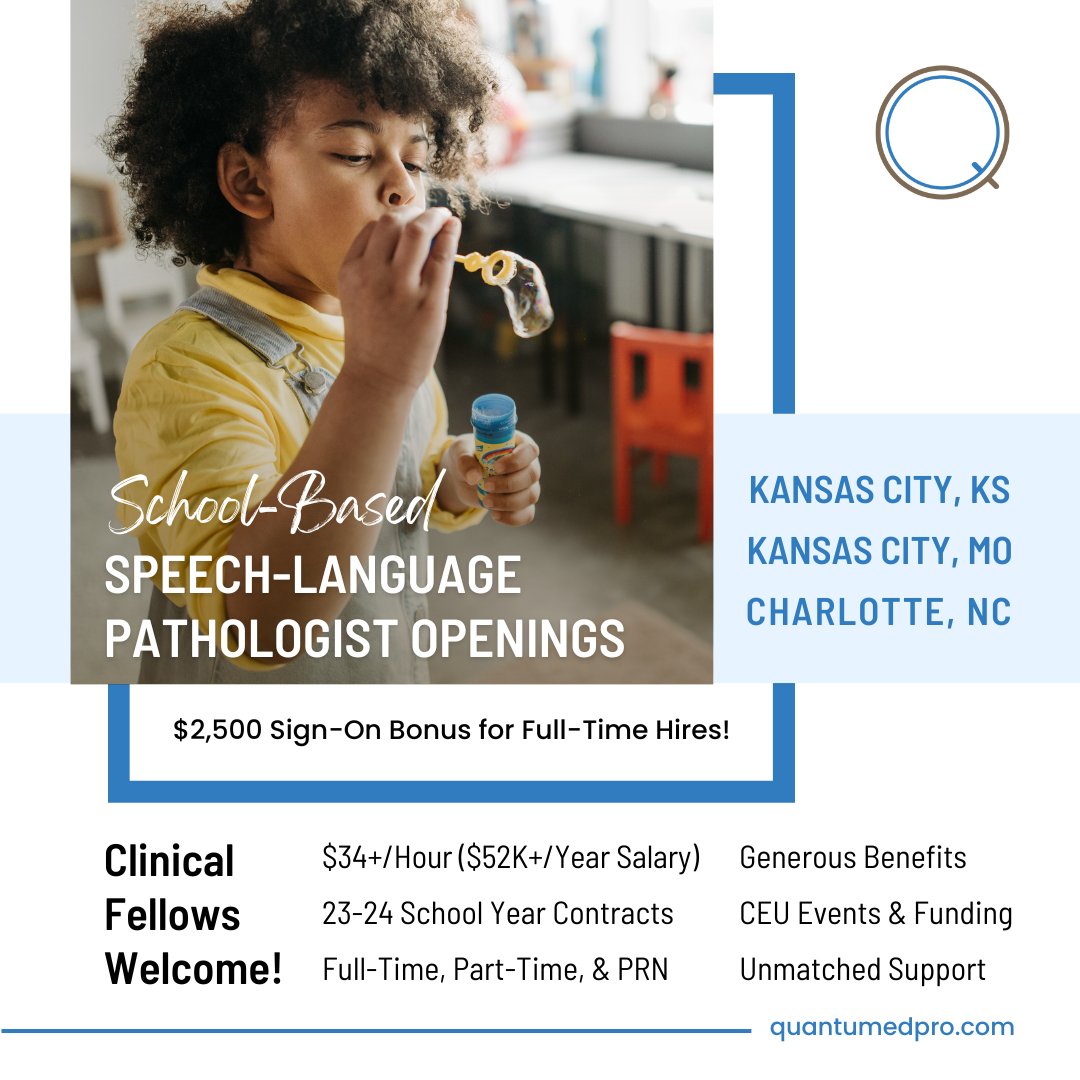 QuantumEdu_Q360's tweet photo. We’re hiring NOW for the 2023-24 school year! Let us find you a #schoolslp position that fits your career goals, preferences, & workload expectations.
Set a time with Anna Robb at https://t.co/4Z2MalN62l to learn more!
#speechlanguagepathology #speechclass #SLP #speechpathology https://t.co/4Lnk3xLhLc