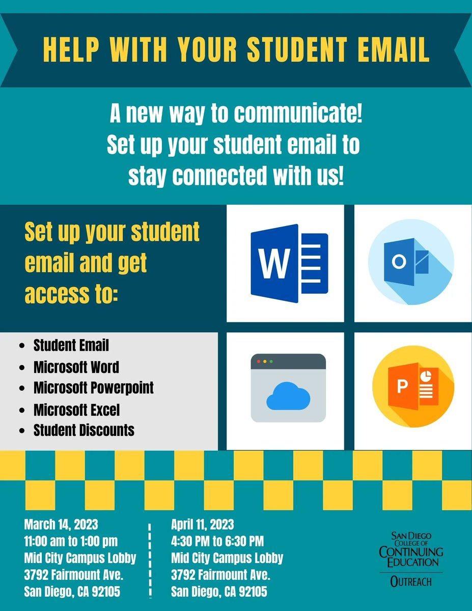 Need help setting up your student email? SDCCE Outreach is here to help. Visit us today between 11-1pm at the Mid-City Campus in the lobby.