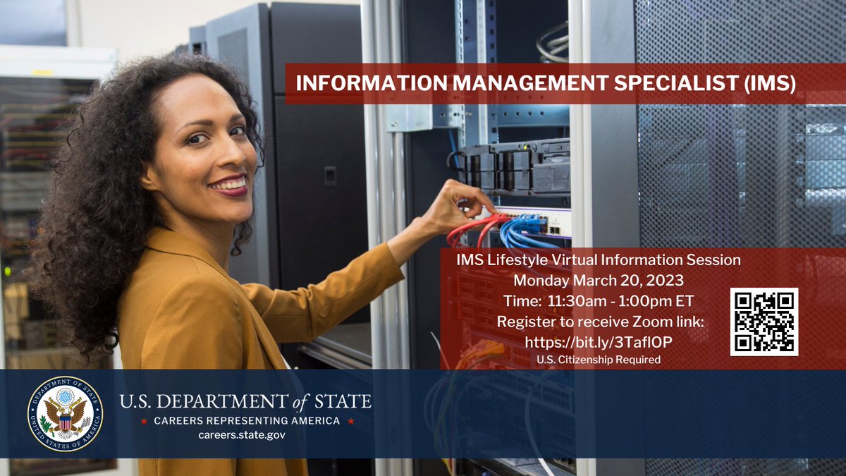 DOS Careers (@doscareers) on Twitter photo #InformationManagement Specialists are critical to <a href="/StateDept/">Department of State</a> #IT infrastructure that protects America’s info & the world. Join our IMS Lifestyle Info Session on 3/20 to learn about this exciting line of work.
Register: bit.ly/3TaflOP
U.S. Citizenship req.<a href="/StateDept_IRM/">Tech@State</a> #InformationManagement Specialists are critical to <a href="/StateDept/">Department of State</a> #IT infrastructure that protects America’s info & the world. Join our IMS Lifestyle Info Session on 3/20 to learn about this exciting line of work.
Register: bit.ly/3TaflOP
U.S. Citizenship req.<a href="/StateDept_IRM/">Tech@State</a>