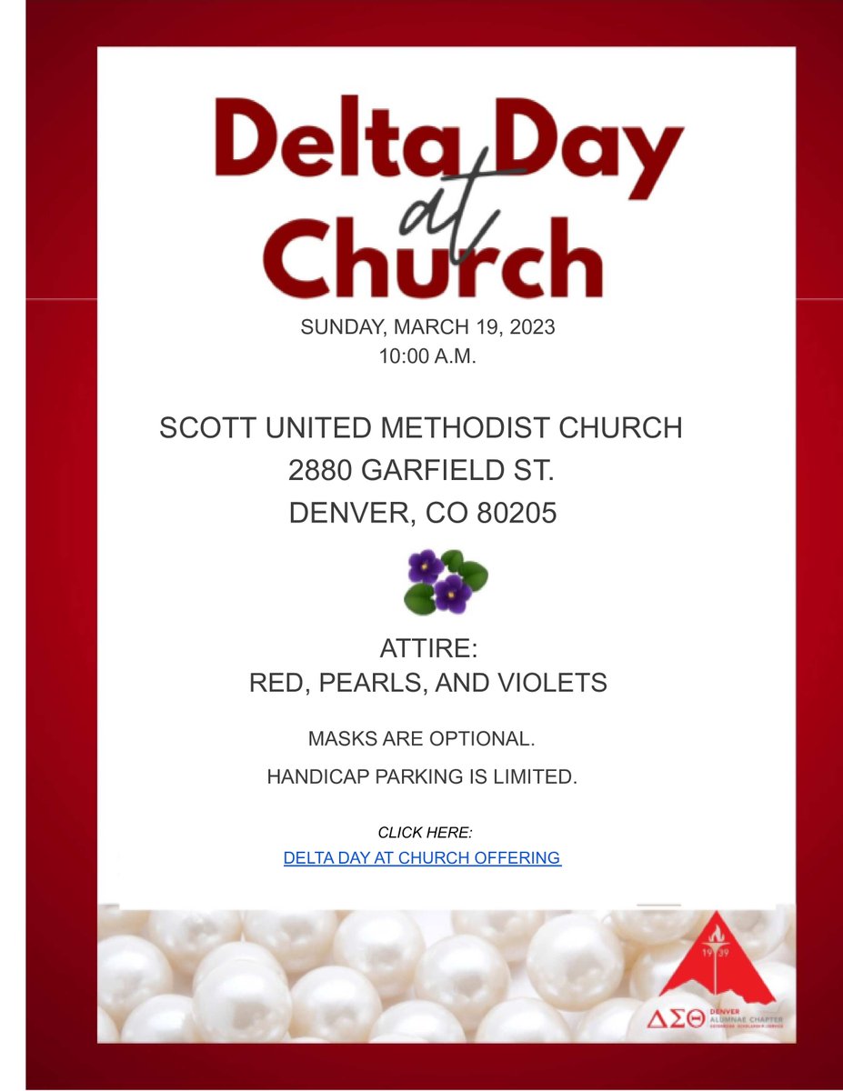 Please join us for Delta Day at Church this Sunday, March 19, 2023, at Scott United Methodist Church, 2880 Garfield St., Denver, CO 80205.  Service begins at 10 A.M.  ow.ly/VQZG50NhtnA