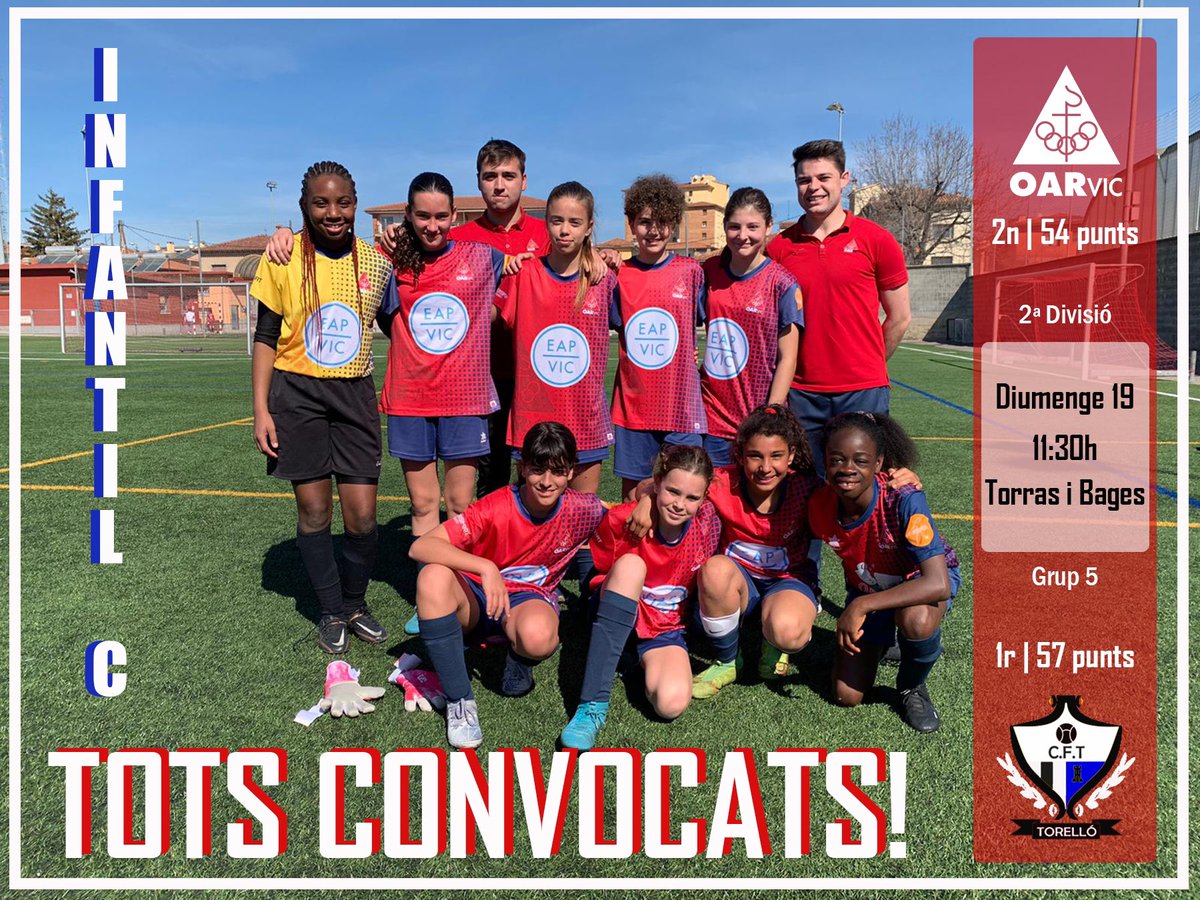 OARVic's tweet photo. ‼️ Cita important aquest cap de setmana! 

⚽️ L’Infantil Femení C es vol acostar al primer lloc i una victòria seria de gran ajuda! El Torras i Bages vol veure un nou triomf local! 

🔵🔴 #SócdelOAR #oarvic https://t.co/sry5qG3TDG