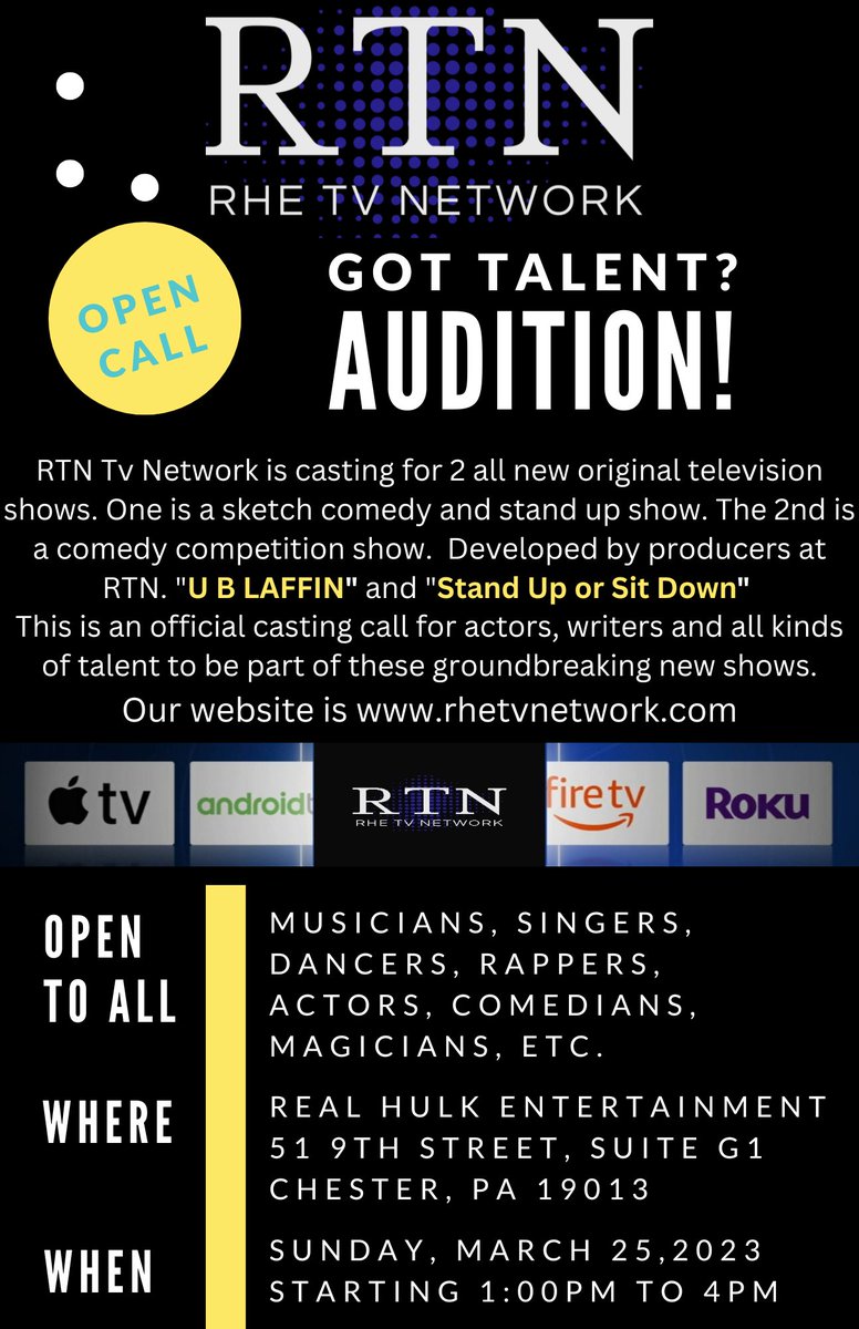 RealHulkEnt's tweet photo. We re back again! RTN-RHE TV Network is casting for two BRAND NEW SHOWS coming to our network and a stage near you. March 25, 2023 from 1:00PM-4:00PM we want to see all actors and comedians at Real Hulk Entertainment production studio. https://t.co/3OaRSmFGXA