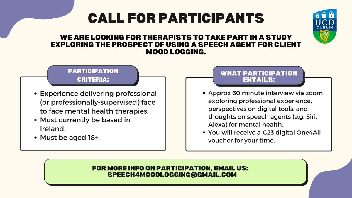 ✨Study Participation Call for Therapists✨

We are looking for mental healthcare professionals to take part in a study exploring the use of a speech agent for mood logging. For further info, please email the address below or DM.

Retweets appreciated!  #DigitalMentalHealth