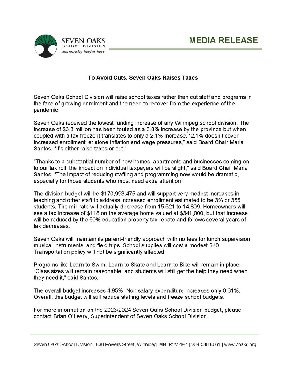 To Avoid Cuts, Seven Oaks Raises Taxes - Please see the attached memo regarding next year’s budget.