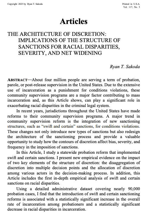 In The Architecture of Discretion, @IowaLawSchool Prof. @ryan_sakoda analyzes the implications of swift and certain sanctions in statewide probation reform. His empirical analysis examines key elements of discretion structure and their impact on racial disparities. (1/2)