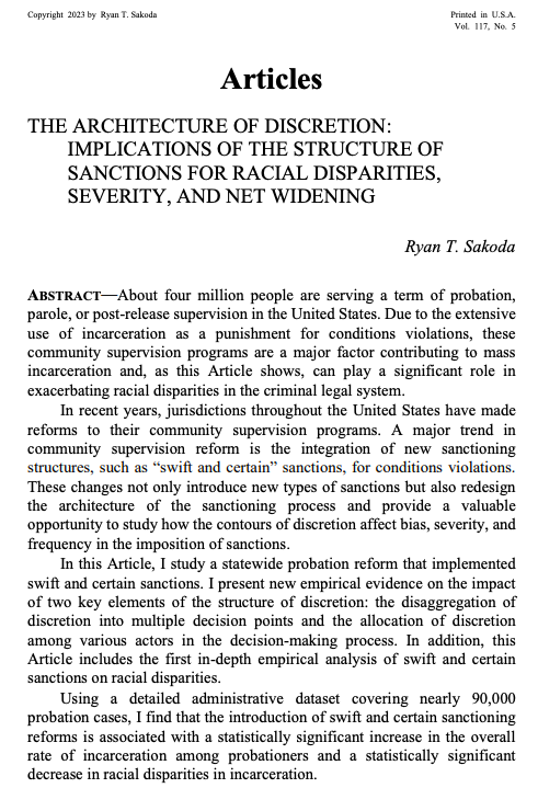 NwULRev's tweet photo. In The Architecture of Discretion, @IowaLawSchool Prof. @ryan_sakoda analyzes the implications of swift and certain sanctions in statewide probation reform. His empirical analysis examines key elements of discretion structure and their impact on racial disparities. (1/2) https://t.co/WQsx1sng2t