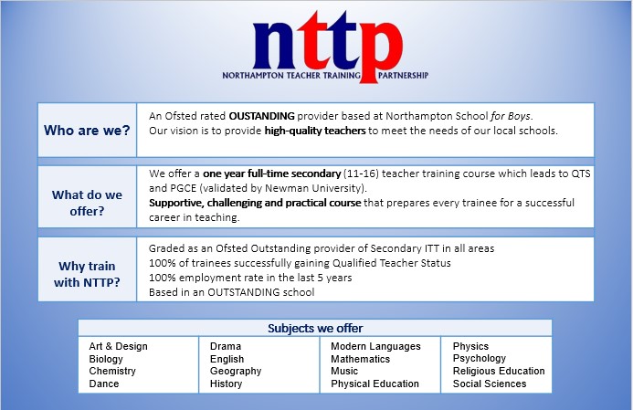Interested in a becoming a teacher? Looking for a provider in Northampton? NTTP have been training teachers for over 20 years. If you'd like to find out about training with us, visit our website: bit.ly/2nYUqAa 
#inspire #traintoteach #secondary #teachinnorthampton #ITT