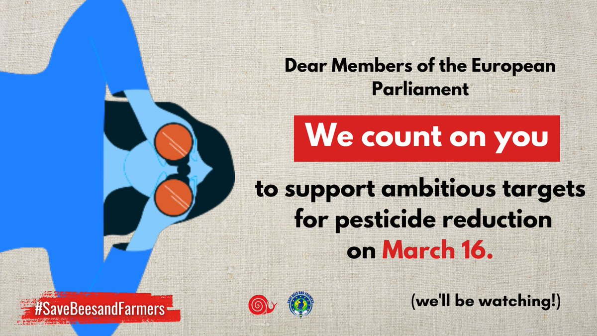 🗓️ On March 16, <a href="/Europarl_EN/">European Parliament</a> will discuss the ECI #SaveBeesandFarmers in plenary! They should support it because #pesticides: 
👨‍🌾 kill farmers &amp; rural inhabitants
🐝 destroy #EUBiodiversity
🌱 are not needed for #FoodSecurity 
Alternatives exist &amp; they work! #AgroecologyNOW!