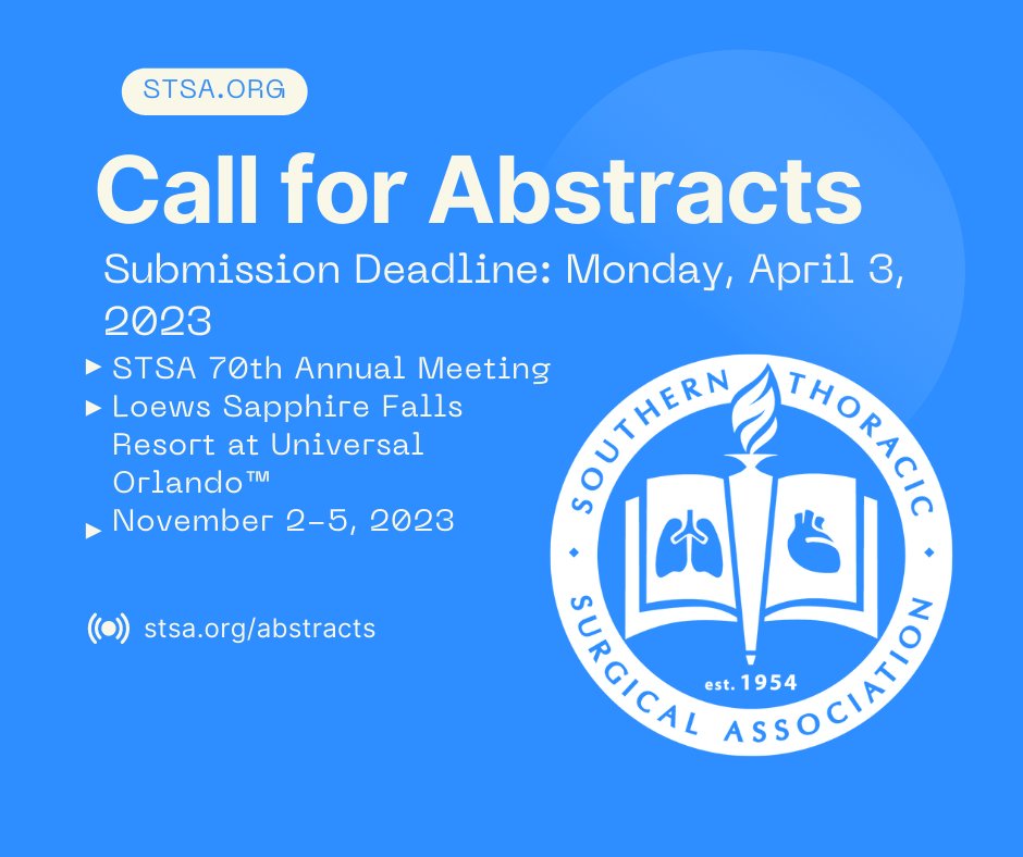 Submit your abstract for the STSA 70th Annual Meeting scheduled for Nov. 2-5, 2023 in Orlando, FL. The submission deadline is Monday, April 3, 2023. Visit stsa.org/abstracts to learn more. Submit your abstract here: bit.ly/3HEu3YV