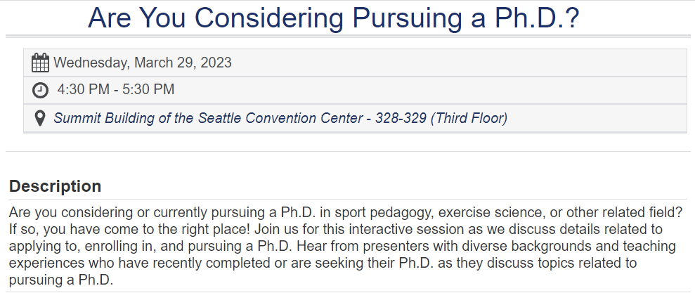 supportREALtchr's tweet photo. Are You Considering Pursuing a Ph.D.? Check out @CollinBrooksie (and others) conference session in Seattle!
#physed #PETEphysed https://t.co/EspcDbeez4