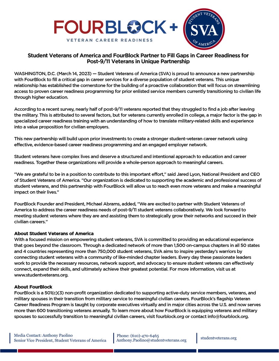 studentvets's tweet photo. Student Veterans of America is excited to announce we have formally partnered with FourBlock to bring Career Readiness Programming to student veterans! 

To learn more about our partnership, please read our FourBlock partner page - https://t.co/4zOUUgYfxW https://t.co/fRnSXDgOAD