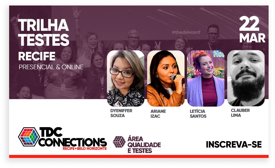 O 🔴 TDC CONNECTIONS 2023🔴 já está a todo vapor e estamos levando até você conteúdos incríveis 📢

Conheça os coordenadores da Trilha TESTES😊
<a href="/arianizac/">Ariane Izac</a> 
<a href="/lelemaine/">letícia maine</a> 
<a href="/Clauber_Silva/">Clauber Lima</a> 
Dyeniffer T. S. Souza

Saiba mais e inscreva-se:
bit.ly/3Li6GIa