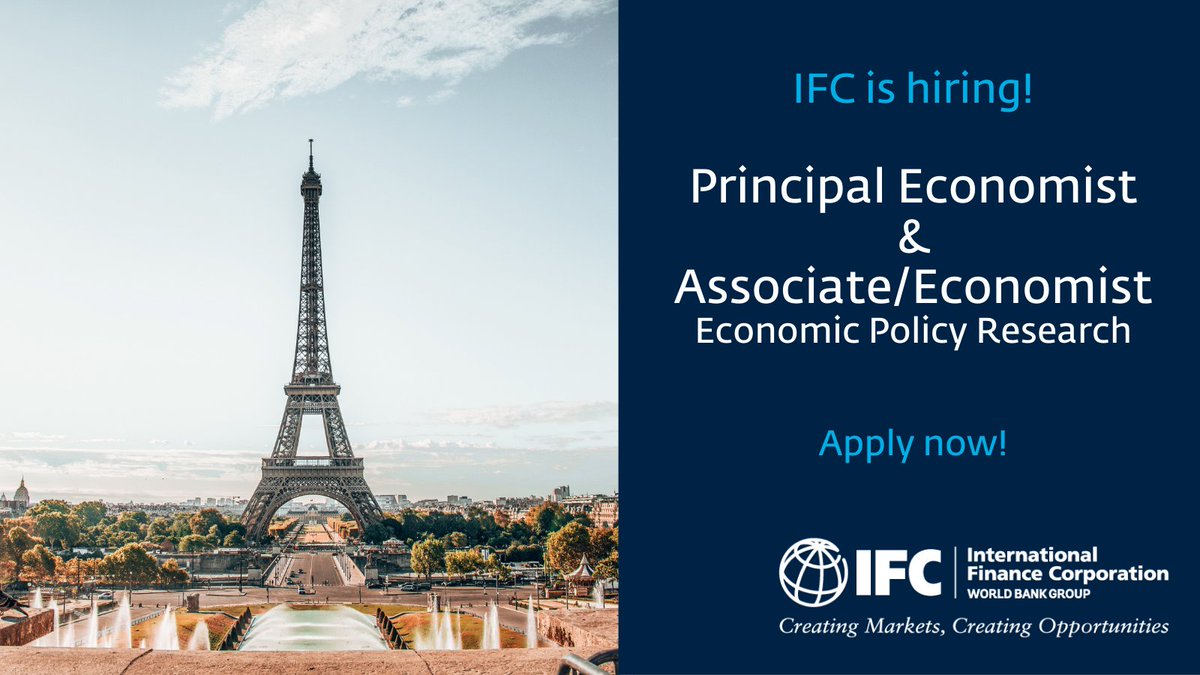 ❗️We are hiring! Apply for the positions of Principal Economist &amp; Associate Economist, Economic Policy Research based in Paris🇫🇷 to support IFC’s global investment and advisory activities.
🗓️ Deadline: March 24
wrld.bg/p4JR50Nc4xH
wrld.bg/TV6U50Nc6B9
#CareersWithImpact