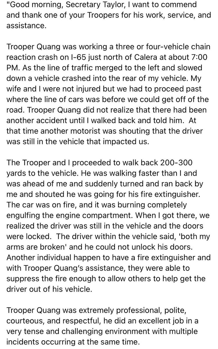 Recently, a citizen took the time to share his experience concerning events and the actions taken by Sr. Trooper Vu Quang while responding to various incidents at a multi-vehicle crash scene. Great work, Sr. Trooper Quang!