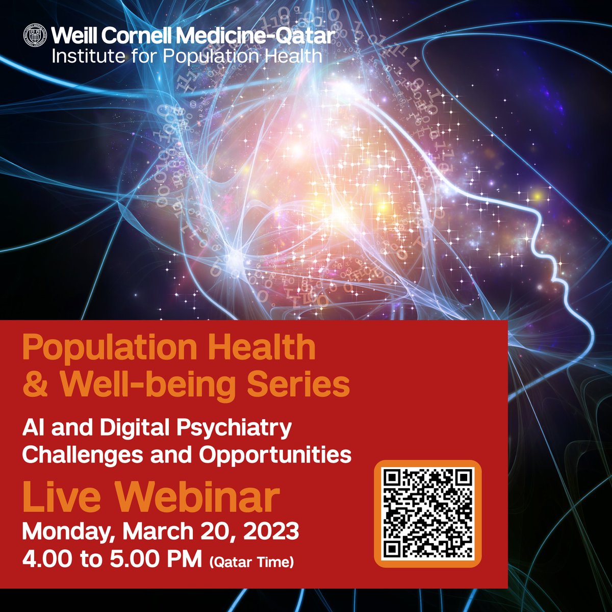 Join @jyotipathak and @IPHQatar for a live webinar on Monday, March 20, on the opportunities and challenges in AI and digital psychiatry. Register now by creating and signing into your CloudCME account: bit.ly/3Tnaslt 

#IPHQatar #WCM