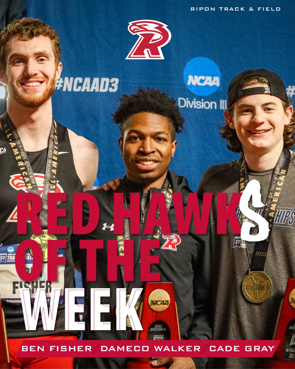 RiponRedHawks's tweet photo. Our NCAA Div III 2023 Indoor Track &amp; Field Championship competitors sweep the Red Hawk of the Week honors coming off their successes on the national stage. https://t.co/e5eNKps8eI https://t.co/vNgwnBU5Mo