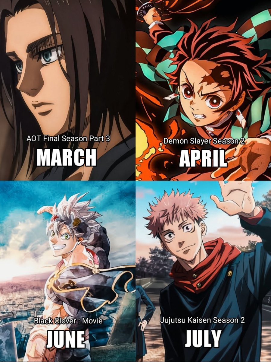 NeoAnimeZ's tweet photo. Llevamos solamente 1 de 4. 🔥

¡Vaya 1ª mitad de año! 😱

#ShingekiNoKyojin 🐐
#KimetsuNoYaiba 👺
#BlackClover 🍀
#JujustuKaisen 💯

Y mucho más… 🥹 https://t.co/k0Ak6VmkeX