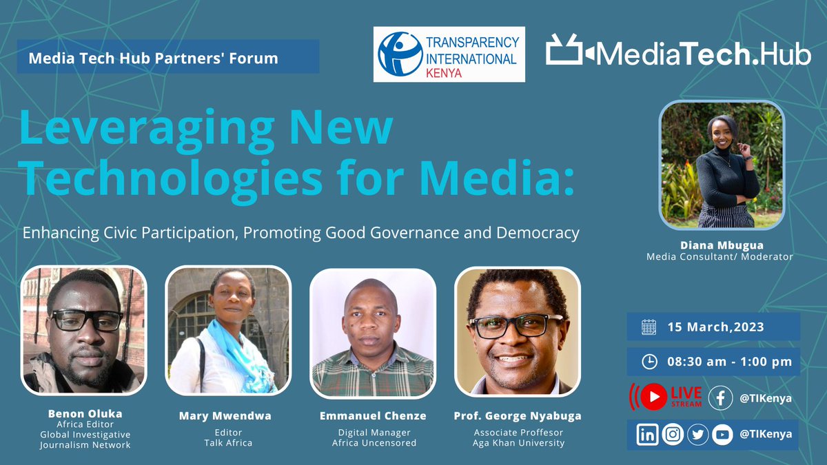 Join our Associate Professor @gnyabuga for a discussion dubbed, 'Leveraging New Technologies for Media.' 🗓: Thursday, 15 March, 2023 🕛: 8:30am - 1pm The discussion will be streamed LIVE via @TIKenya’s #FaceBook Page. Register via bit.ly/3Lv8QEa.