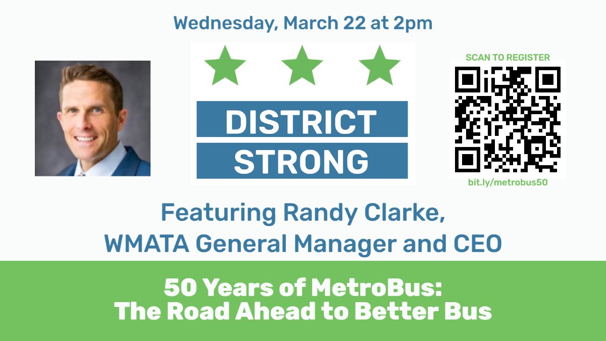 After 50 years of #MetroBus service in the greater Washington area, it's time to take a closer look at the future of #transport. 

Join FC2 and <a href="/MetroNow/">MetroNow</a> for a #DistrictStrong webinar, featuring <a href="/wmataGM/">Randy Clarke</a> Randy Clarke on Wednesday, 3/22 at 2pm. Sign up: tinyurl.com/3nm9zdch