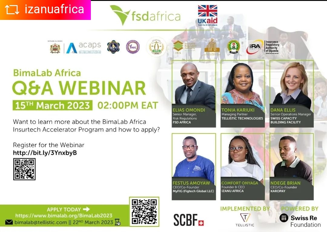 ComfortAdaoraO's tweet image. I will be sharing my experience tomorrow at the 
@FSDAfrica #Bimalab Africa Q&amp;amp;A webinar as an alumna of the #Insurtech accelerator program along with @EliasOmondiFIA et al. 
CC @izanuafrica @UKaid @NaicomNG @Tellistictec