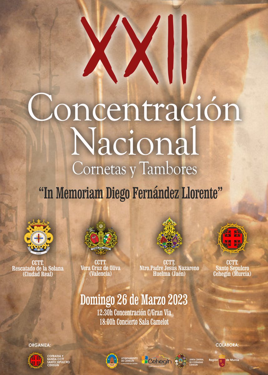 BandaSSepulcro's tweet photo. XXII CONCENTRACIÓN NACIONAL DE BANDAS DE CORNETAS Y TAMBORES "IN MEMORIAM DIEGO FERNANDEZ LLORENTE"

Más info en nuestra web ⤵️
https://t.co/OkFUIGHi2j https://t.co/UGWD2V8LJH