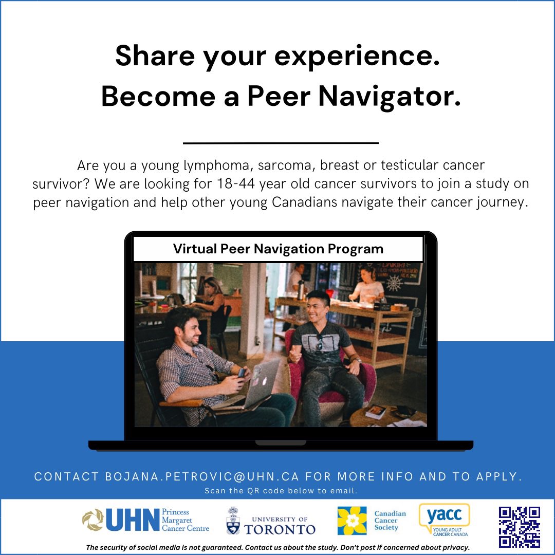 AYA Program at PMH (@ayaprogram) on Twitter photo Are you between the ages of 18-44? Diagnosed with #lymphoma, #sarcoma, #testicularcancer or #breastcancer?
Would you like to share your #cancer experiences with others? Check out this new program and email bojana.petrovic@uhn.ca for more info and to apply now!
#AYA Are you between the ages of 18-44? Diagnosed with #lymphoma, #sarcoma, #testicularcancer or #breastcancer?
Would you like to share your #cancer experiences with others? Check out this new program and email bojana.petrovic@uhn.ca for more info and to apply now!
#AYA